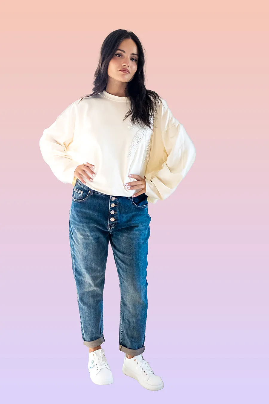 maglia over con fiocco a paillettes